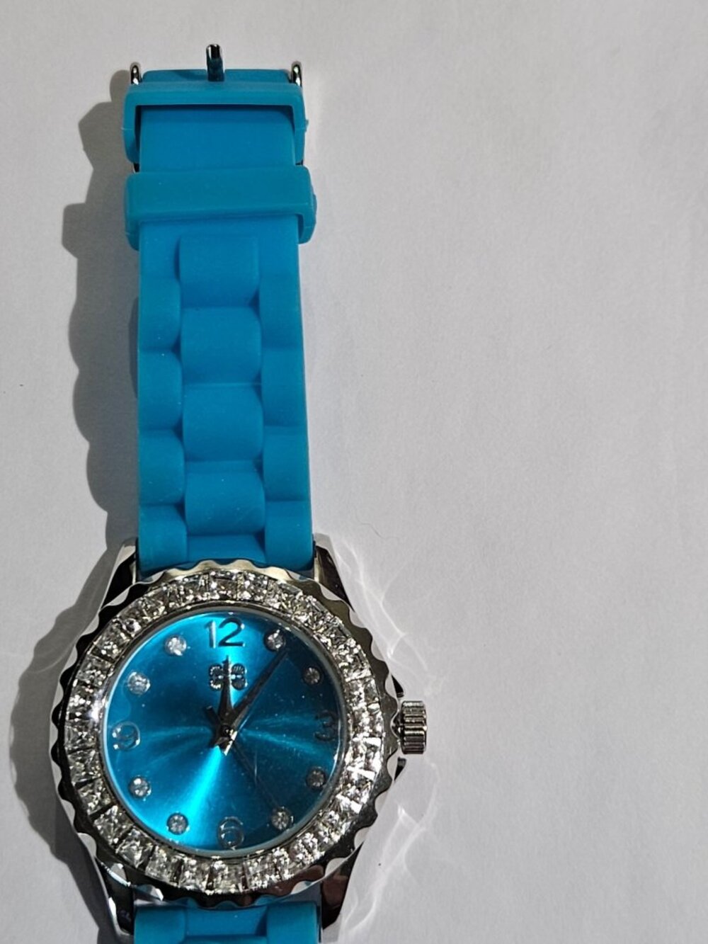 Blue Silicone Band Watch Clear Rhinestones Silvertone Untested
